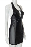 Zwarte mode sexy patchwork bandage doorschijnende rugloze halter mouwloze jurk