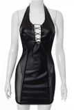 Черное модное сексуальное лоскутное бинтовое прозрачное платье без рукавов с открытой спиной и лямкой на шее