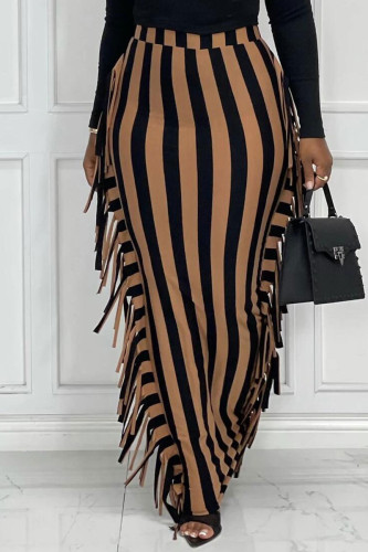 Falda moda casual estampado de rayas borla patchwork regular cintura alta negro marrón