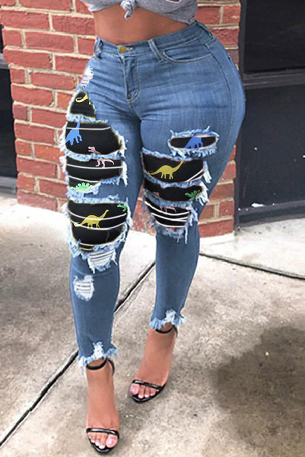 Jeans de talla grande rasgados con patchwork callejero de moda azul medio