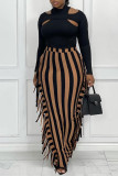 Falda moda casual estampado de rayas borla patchwork regular cintura alta negro morado