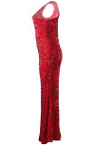 Röd mode sexigt lapptäcke ihåliga paljetter en axel aftonklänning