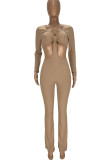 Khaki Sexy Solid Hollowed Out Patchwork V Neck Regular Jumpsuits