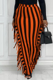 Black Purple Fashion Casual Striped Print Tassel Patchwork Regular High Waist Skirt