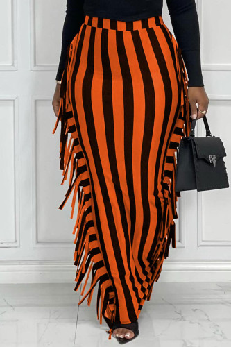 Falda moda casual rayas estampado borla patchwork regular cintura alta naranja