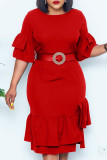 Red Fashion Casual Solid Patchwork O Neck Pencil Skirt Dresses