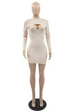 Apricot Fashion Sexy Solid Hollowed Out Half A Turtleneck Long Sleeve Dresses
