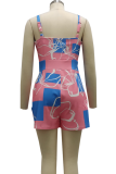Pink Sexy Print Patchwork V Neck Straight Rompers