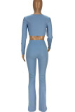 Blauwe sexy effen uitgeholde patchwork V-hals reguliere jumpsuits