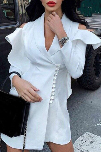 White Fashion Street Solid Patchwork Turn-back Collar Outerwear
