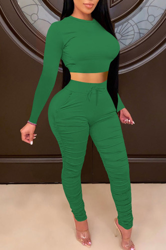 Green Casual Solid Patchwork Fold O Neck Long Sleeve Two Pieces