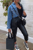 Голубая модная джинсовая куртка в стиле пэчворк с отложным воротником в уличном стиле