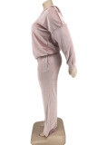 Pink Fashion Casual Solid Cardigan Pants Hooded Collar Plus Size Two Pieces(Without Tube Top)