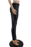 Pantalones de color sólido de lápiz de cintura alta regular de patchwork rasgado sólido de calle negro