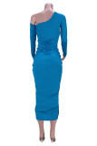 Blue Sexy Casual Solid Draw String Backless Oblique Collar Long Sleeve Dresses