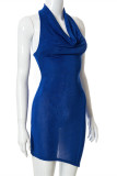 Синее модное сексуальное однотонное платье с открытой спиной и лямкой без рукавов, нерегулярное платье