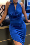 Blaues, sexy, festes, rückenfreies, ärmelloses, unregelmäßiges Kleid mit Neckholder