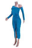 Blue Sexy Casual Solid Draw String Backless Oblique Collar Long Sleeve Dresses