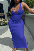 Синее модное сексуальное однотонное базовое платье-жилет с v-образным вырезом