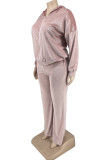 Calças de cardigan rosa moda casual sólida gola com capuz plus size duas peças (sem parte superior do tubo)