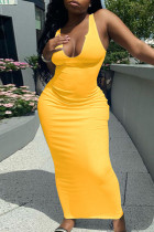 Vestido de chaleco con cuello en V básico sólido sexy de moda amarillo