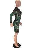 Camouflage Sexy Casual Print Patchwork See-through O Neck Long Sleeve Dresses