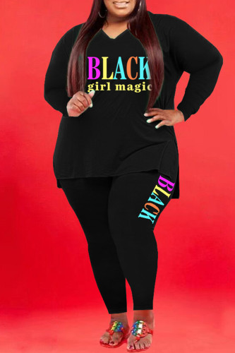 Black Fashion Casual Letter Print Basic V Neck Plus Size Two Pieces