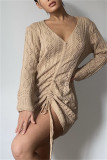 Khaki Sexy Casual Solid Hollowed Out Tear V Neck Long Sleeve Dresses