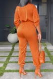 オレンジ ファッション カジュアル ソリッド パッチワーク ターンダウン カラー レギュラー ジャンプスーツ
