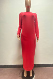 Red Casual Solid Patchwork Fold V Neck One Step Skirt Plus Size Dresses