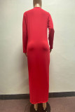 Red Casual Solid Patchwork Fold V Neck One Step Skirt Plus Size Dresses