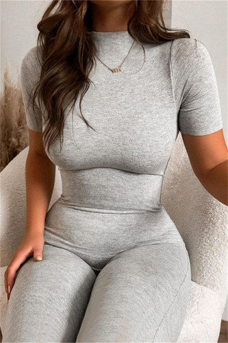 Grey Fashion Casual Solid Zipper Half A Turtleneck Skinny Jumpsuits