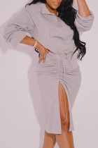 Grey Fashion Casual Solid Slit Fold Long Sleeve Two Pieces