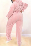 Pink Fashion Casual Solid Cardigan Pants Hooded Collar Plus Size Two Pieces(Without Tube Top)