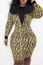 Leopardtryck Sexiga Casual Print Patchwork Genomskinliga O-hals långärmade klänningar