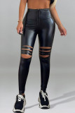 Pantalones de color sólido de lápiz de cintura alta regular de patchwork rasgado sólido de calle negro