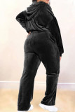 Svart Mode Casual Solid Cardigan Byxor Huvkrage Plus Size Två delar (utan Tube Top)