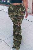 Camouflage Fashion Street Patchwork Gescheurde Denim Jeans Met Hoge Taille