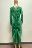 グリーン カジュアル ソリッド パッチワーク フォールド V ネック ワンステップ スカート ドレス