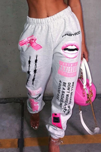 Gray White Street Print Loose Harlan Full Print Bottoms