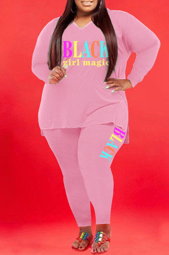 Pink Fashion Casual Letter Print Basic V Neck Plus Size Two Pieces