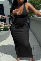 Vestido de chaleco con cuello en V básico sólido sexy de moda negra