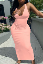 Розовое модное сексуальное однотонное базовое платье-майка с v-образным вырезом