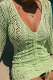 Groene sexy casual effen uitgeholde scheur V-hals jurken met lange mouwen