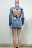 Sky Blue Sexy Street Hollowed Out Patchwork Frenulum Backless Asymmetrical Turndown Collar Long Sleeve Two Pieces