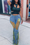 Jeans in denim a vita alta strappati con patchwork di strada alla moda mimetica