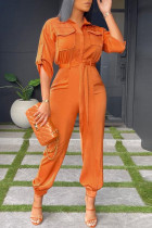 Orange Fashion Casual Solid Patchwork Turndown Collar Regular Jumpsuits