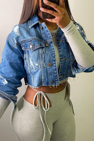Deep Blue Casual Turndown Collar Long Sleeve Regular Ripped Cropped Denim Jacket