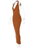 Коричневое модное сексуальное однотонное платье без рукавов с открытой спиной и лямкой на шее