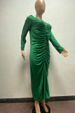 グリーン カジュアル ソリッド パッチワーク フォールド V ネック ワンステップ スカート ドレス